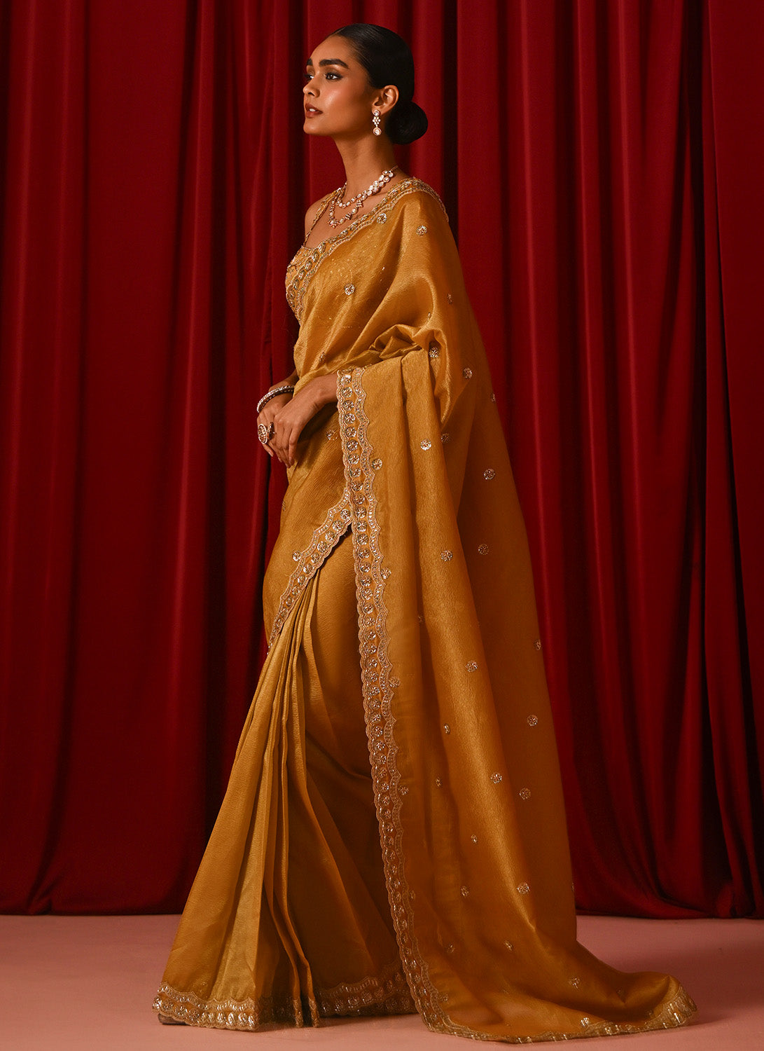 Mustard Embroidered Tissue Saree