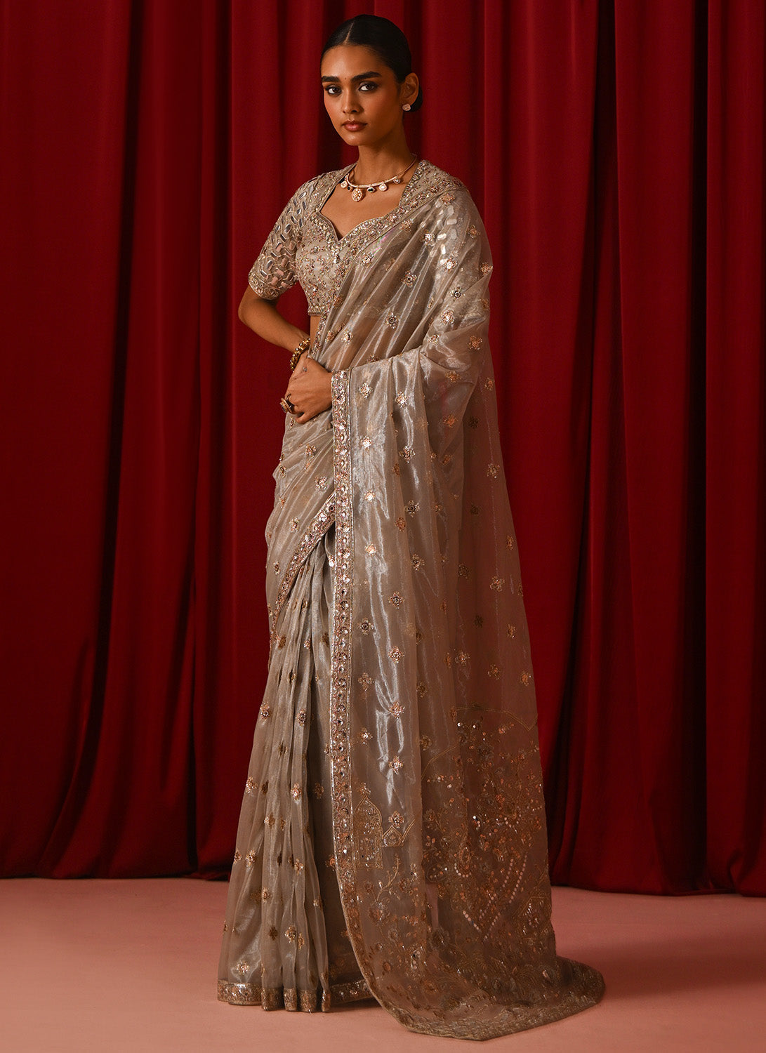 Silver Embroidered Net Saree