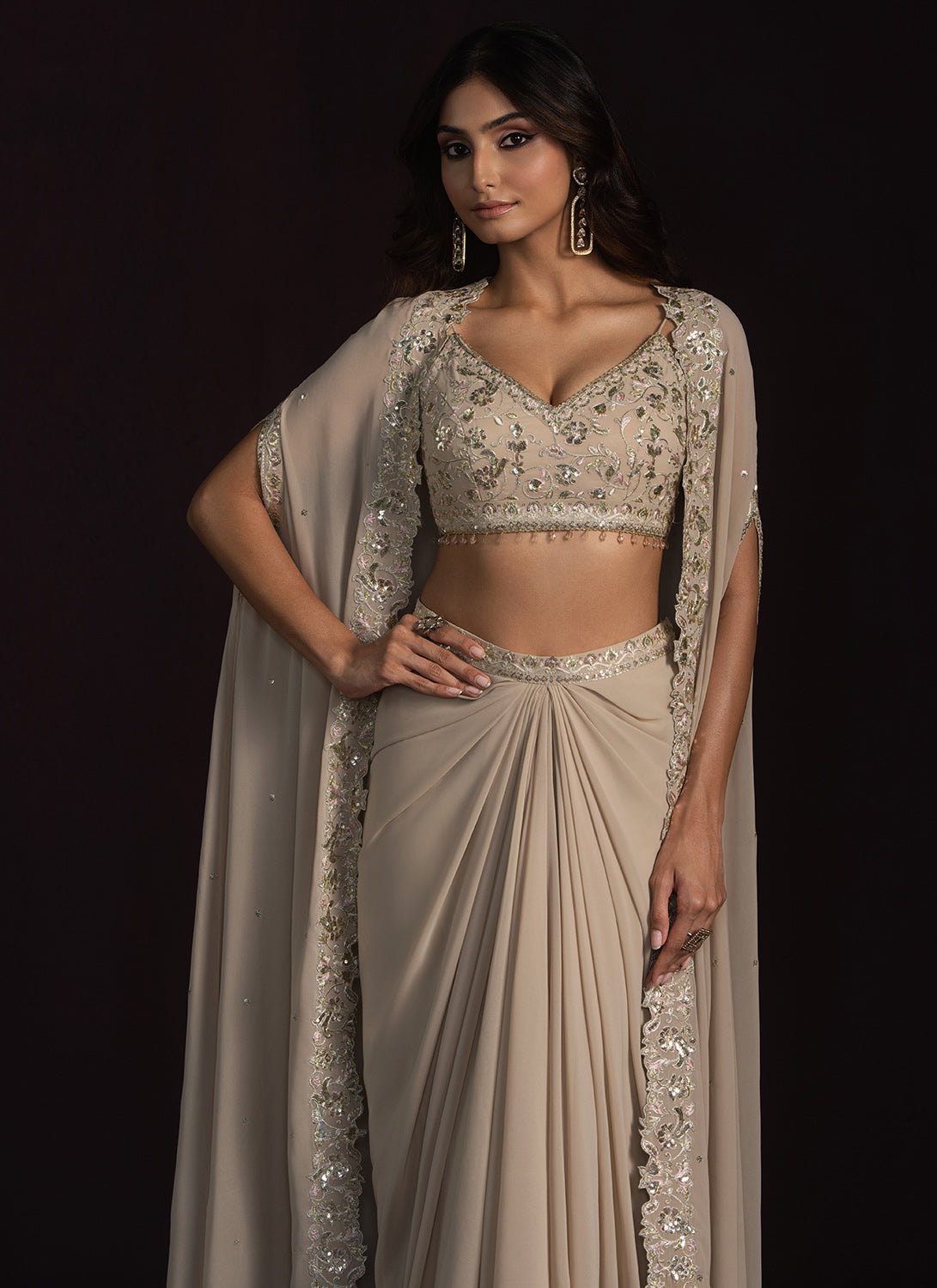 Beige Embroidered Georgette Dhoti Style Set