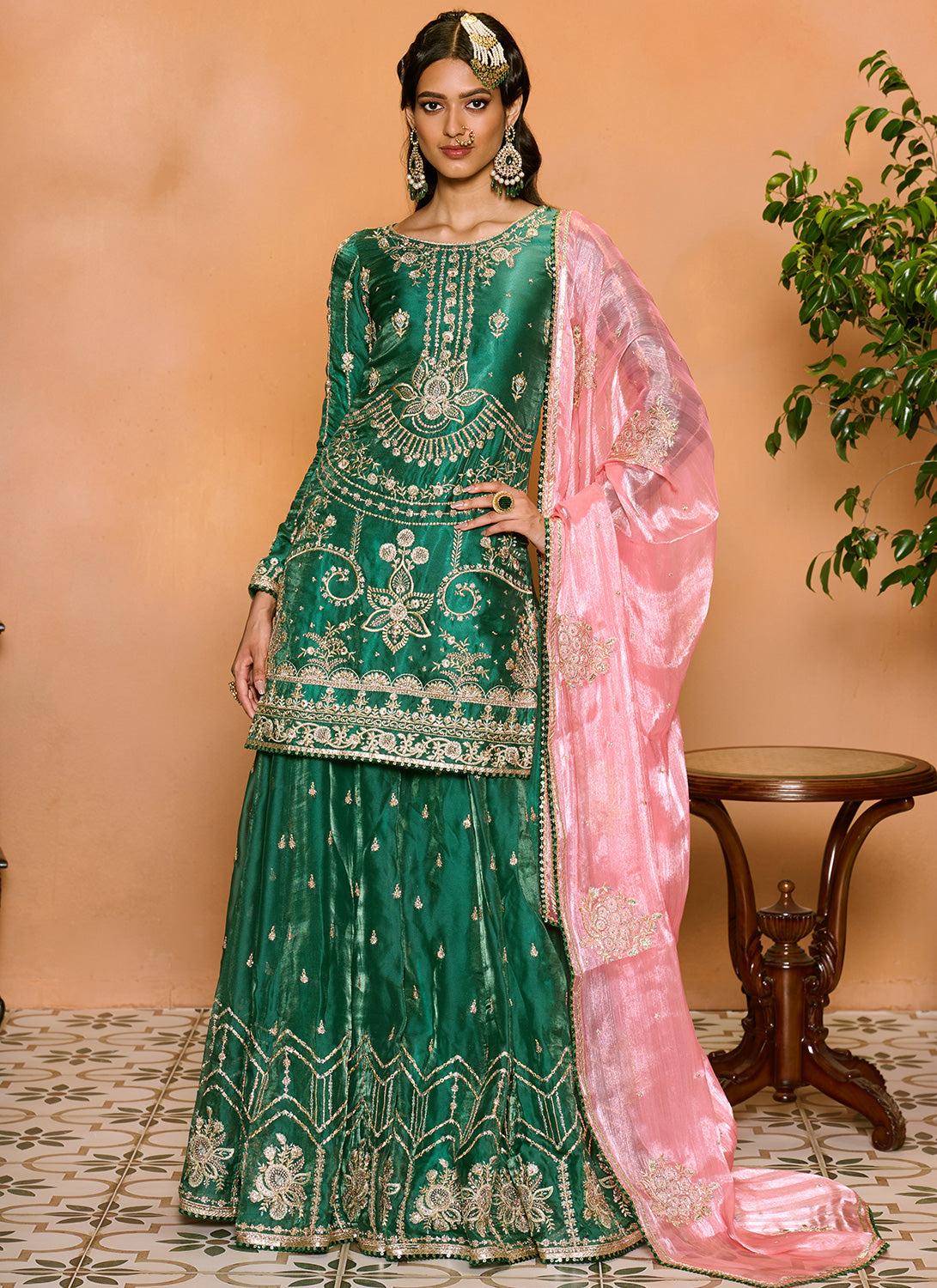 Green and Pink Embroidered Sharara Suit