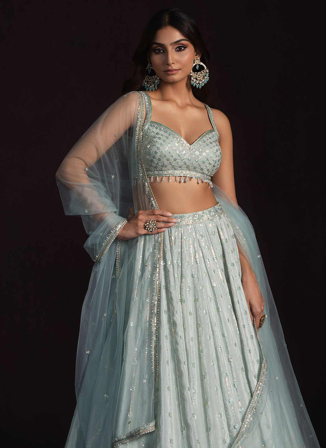 Soft Mint Embroidered Crepe Lehenga