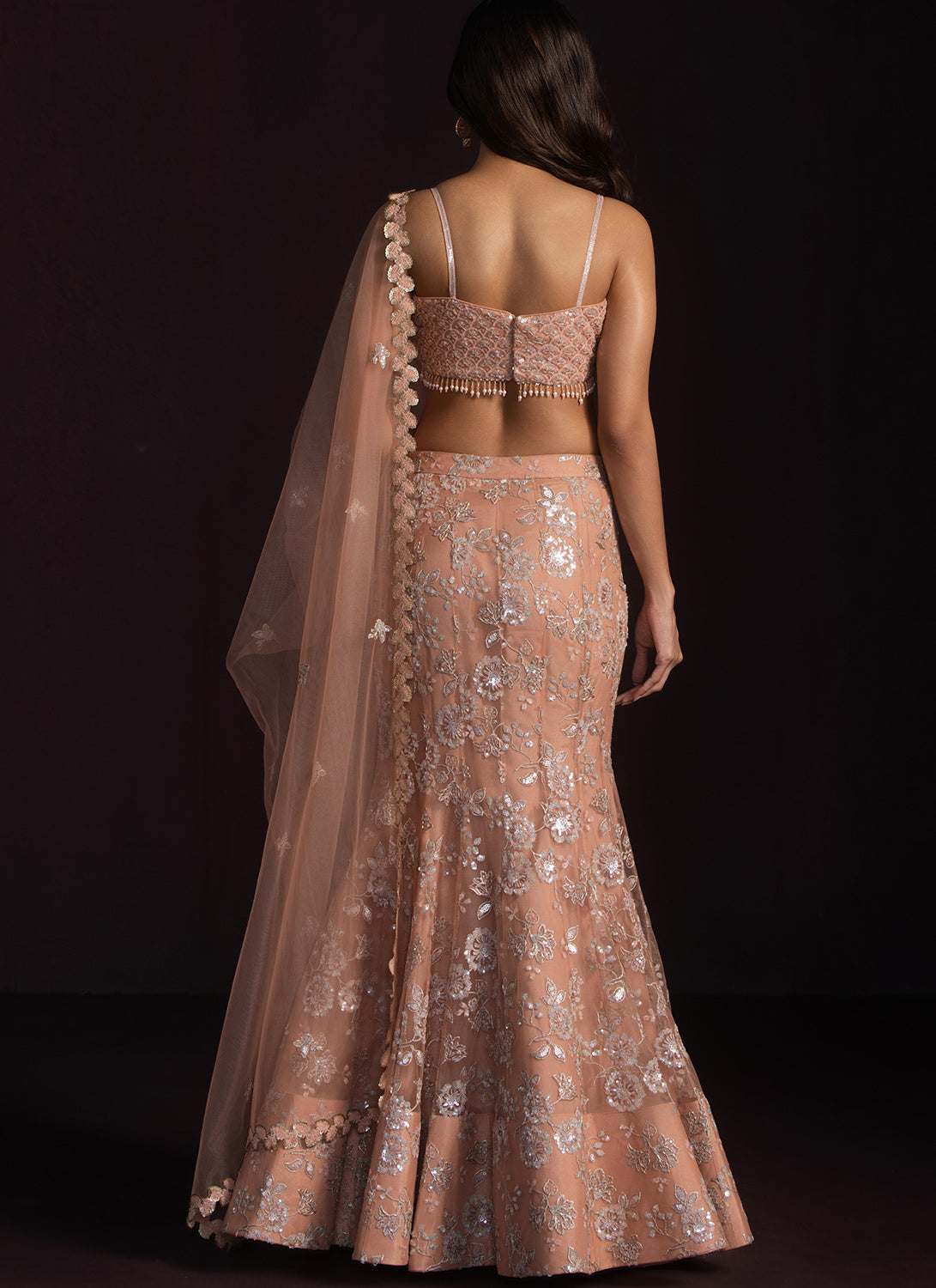Peach Fishcut Embroidered Net Lehenga
