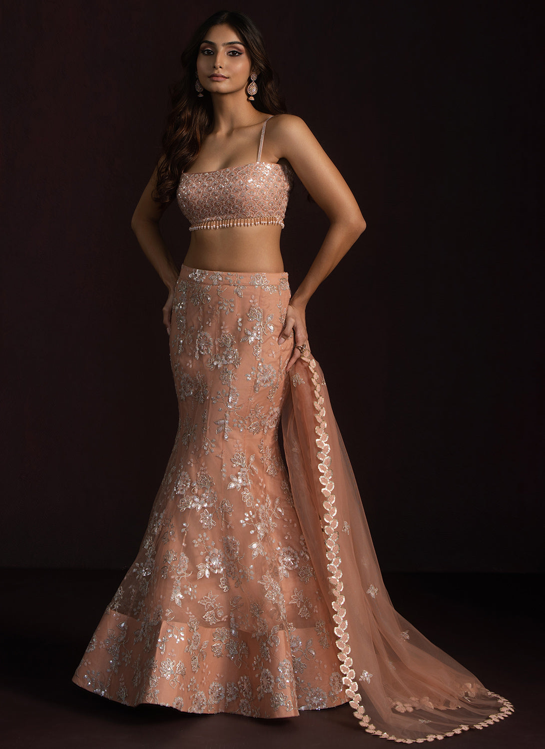 Peach Fishcut Embroidered Net Lehenga
