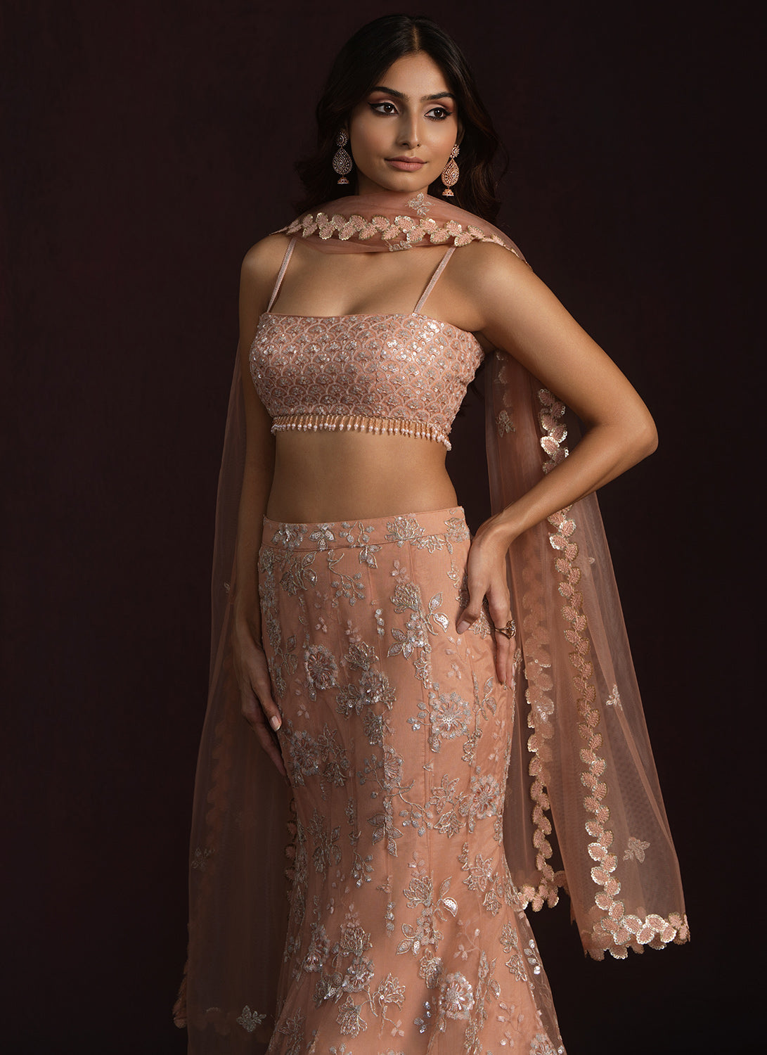 Peach Fishcut Embroidered Net Lehenga