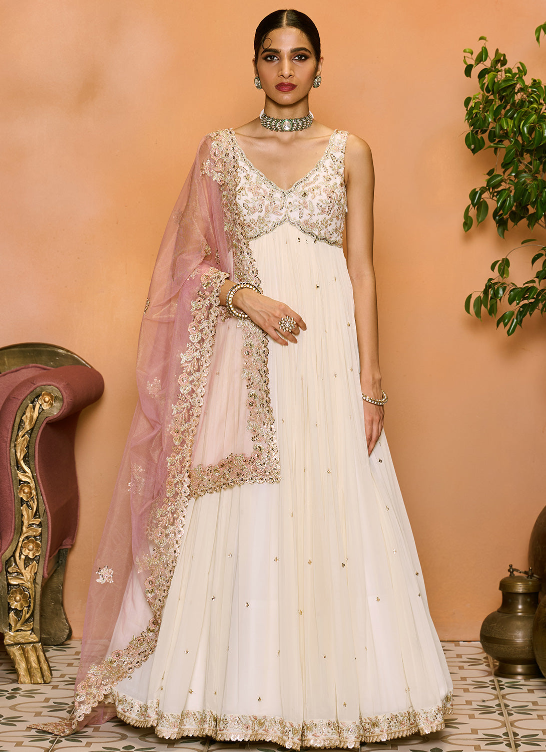 Off White and Light Pink Embroidered Anarkali