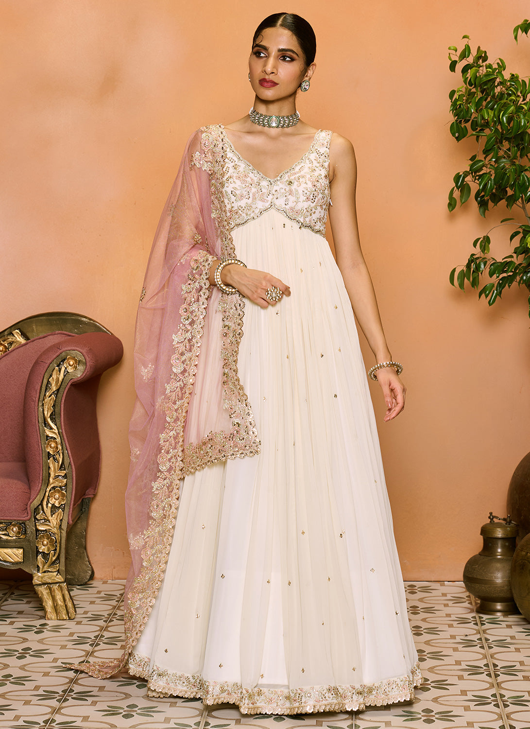 Off White and Light Pink Embroidered Anarkali