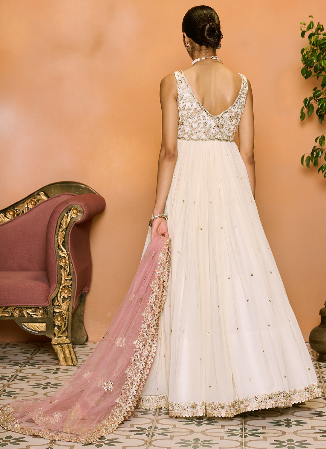 Off White and Light Pink Embroidered Anarkali