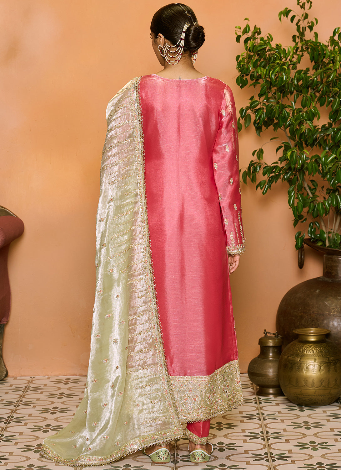 Pink and Light Green Embroidered Straight Suit