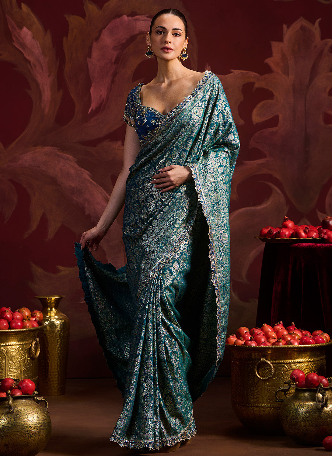 Teal Embroidered Brocade Saree
