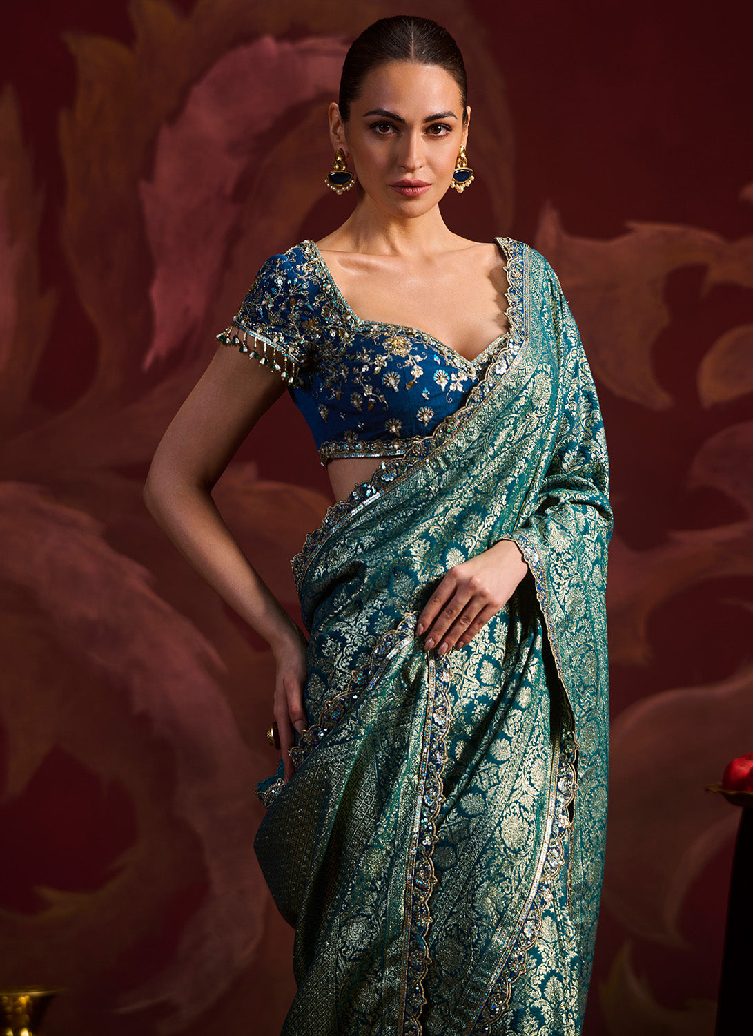 Teal Embroidered Brocade Saree
