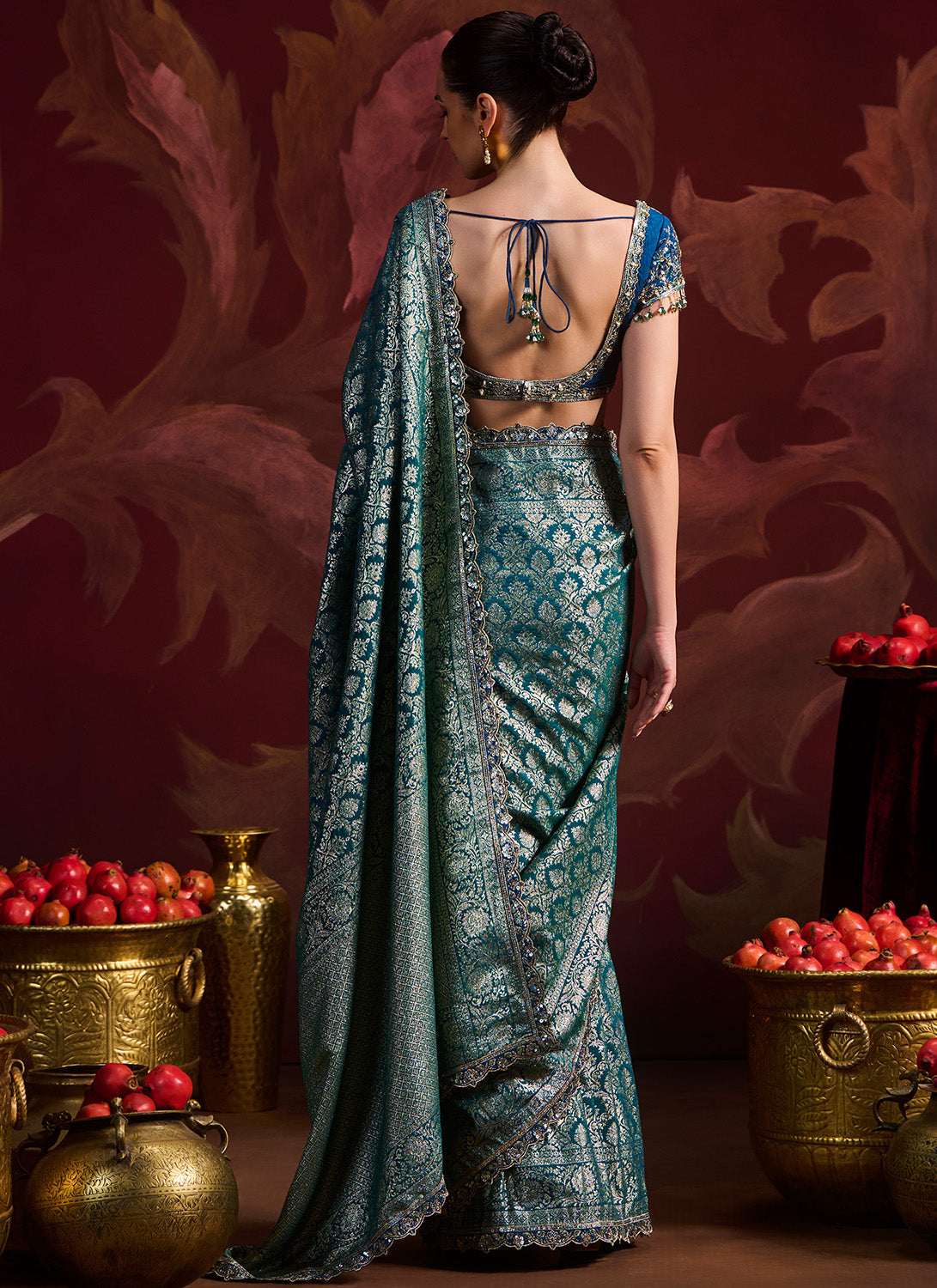 Teal Embroidered Brocade Saree
