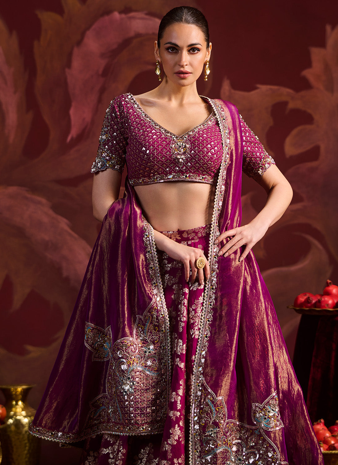 Magenta Embroidered Brocade Lehenga