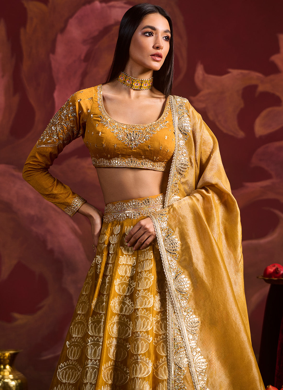Mustard Yellow Embroidered Brocade Lehenga