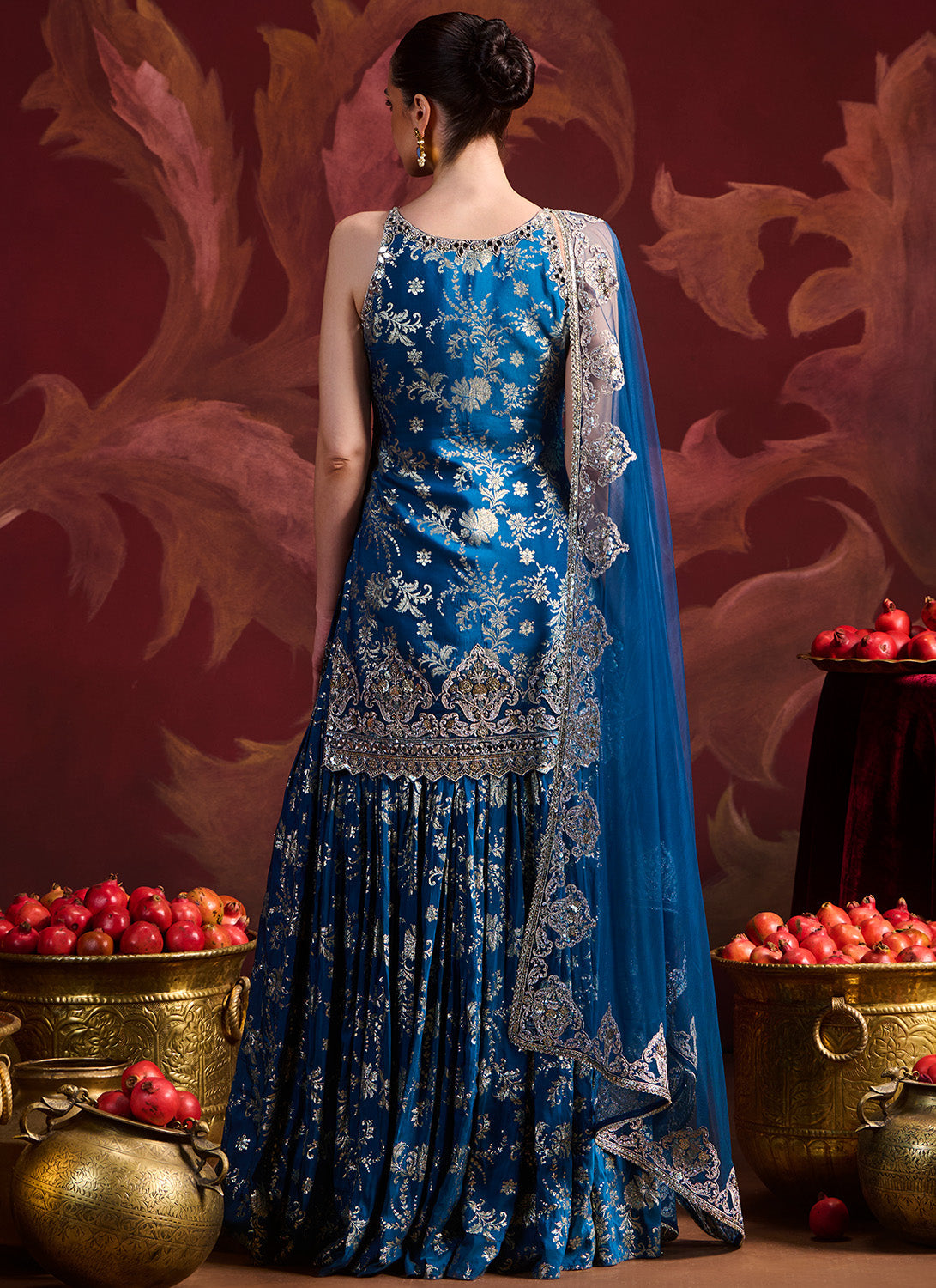 Teal Blue Embroidered Brocade Sharara