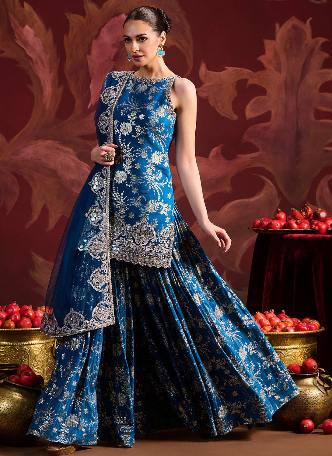 Teal Blue Embroidered Brocade Sharara
