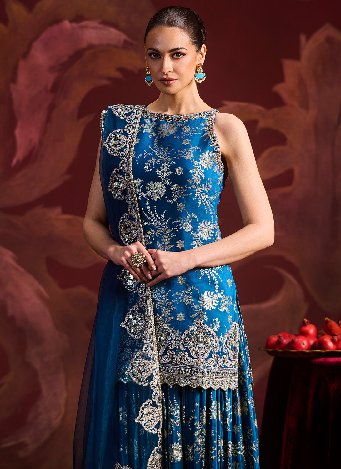 Teal Blue Embroidered Brocade Sharara