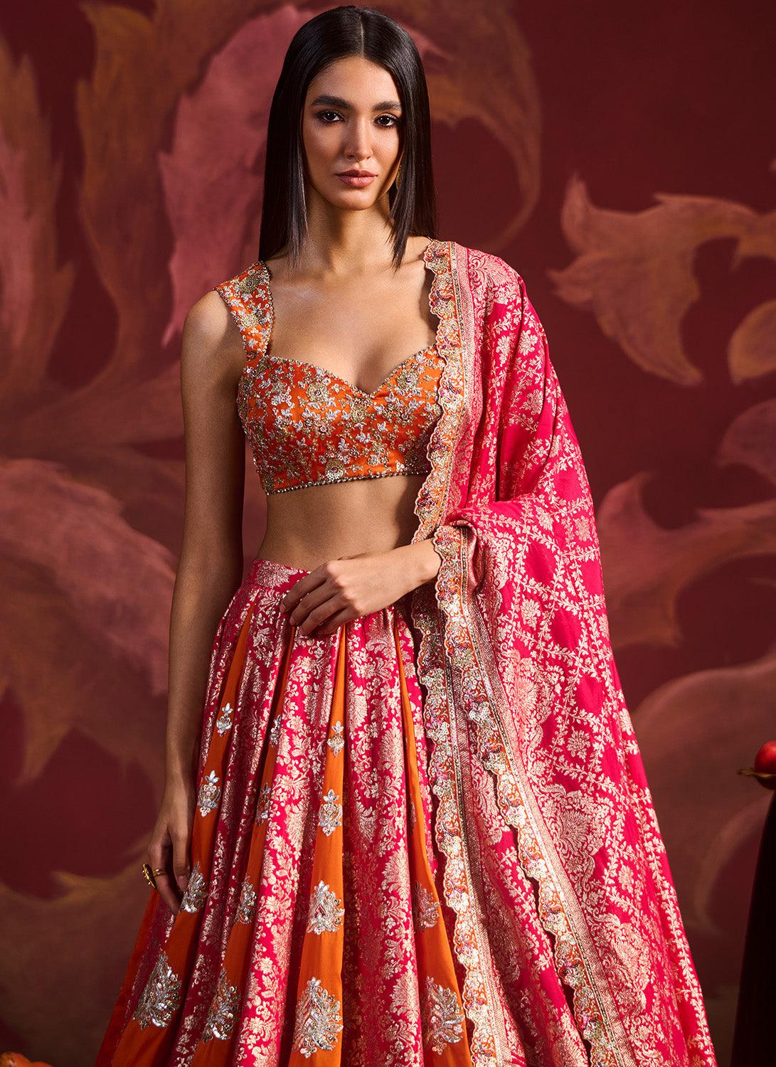 Orange and Pink Embroidered Brocade Lehenga