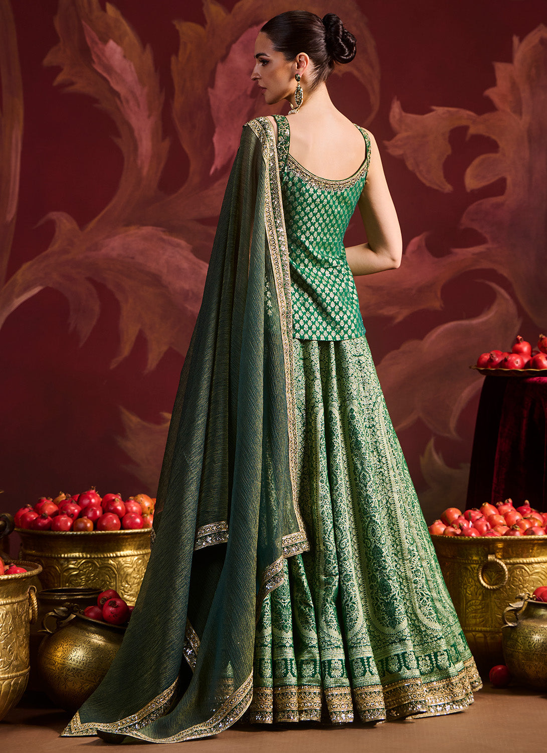 Green Embroidered Brocade Kurti Style Lehenga