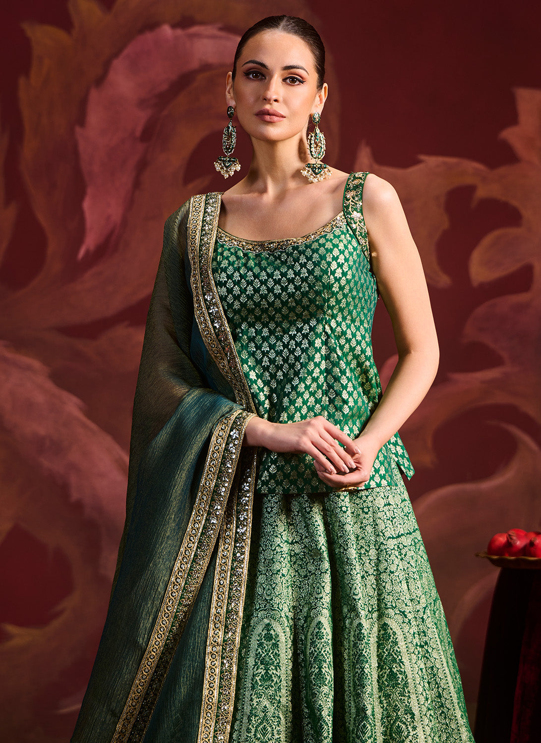 Green Embroidered Brocade Kurti Style Lehenga