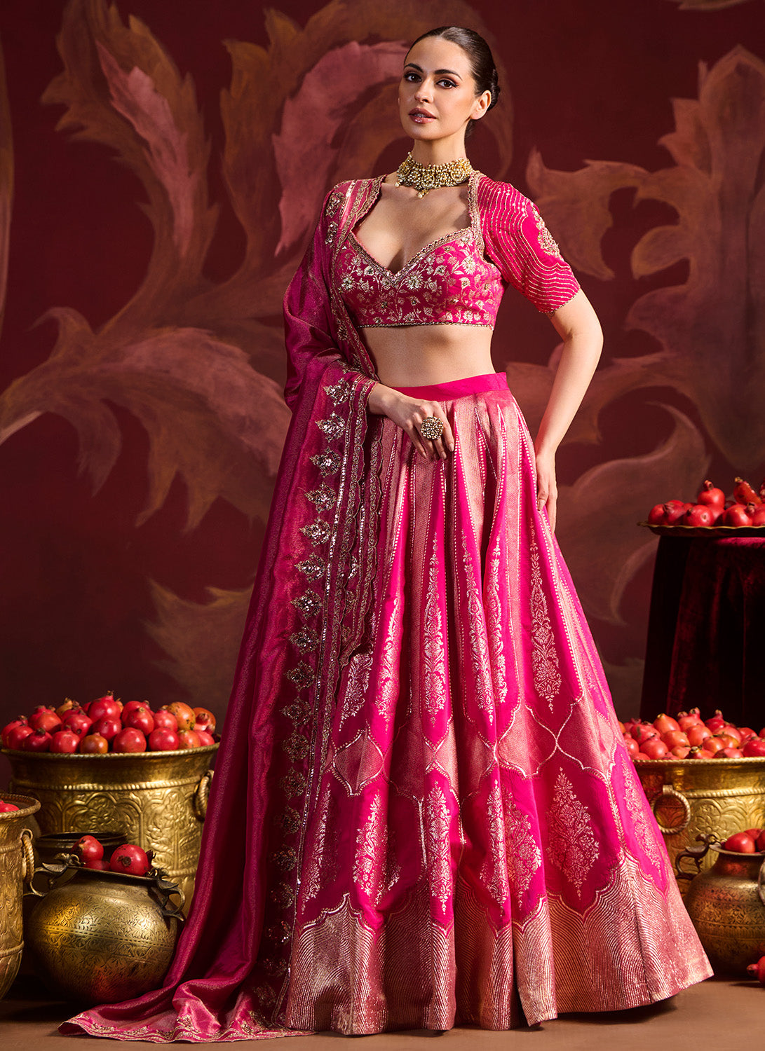 Hot Pink Embroidered Brocade Lehenga