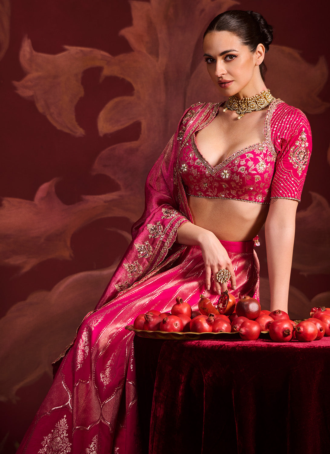 Hot Pink Embroidered Brocade Lehenga