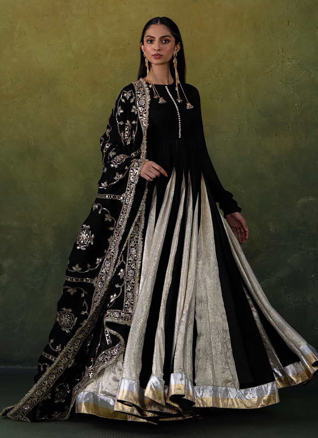 Black and Gold Embroidered Satin Anarkali