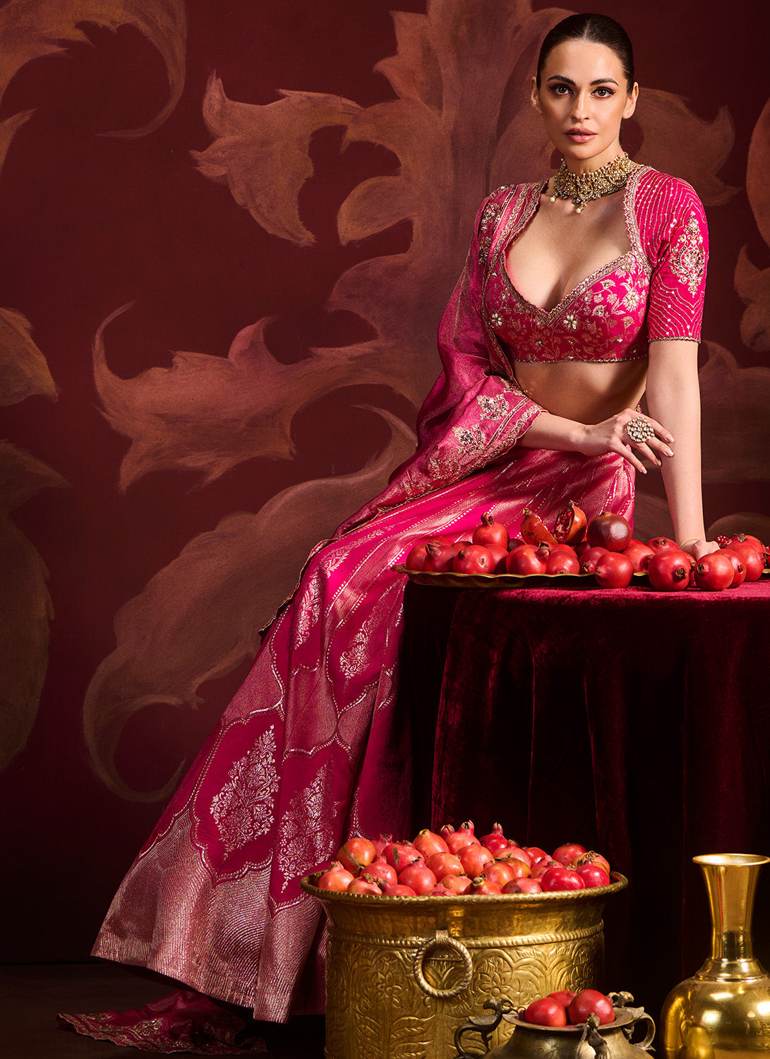 Hot Pink Embroidered Brocade Lehenga