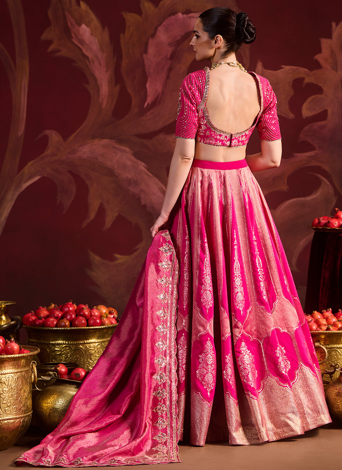 Hot Pink Embroidered Brocade Lehenga