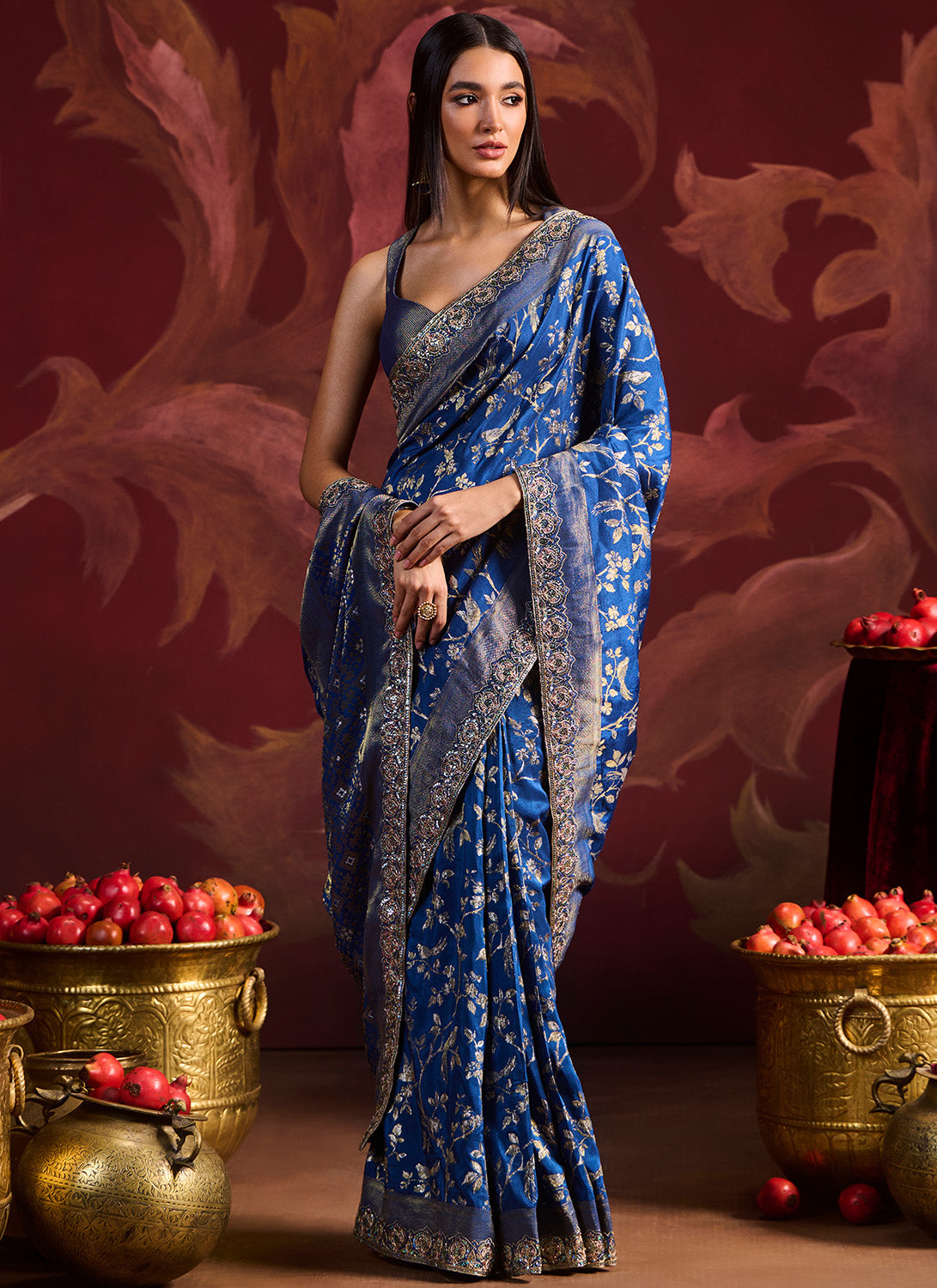 Peacock Blue Embroidered Brocade Saree