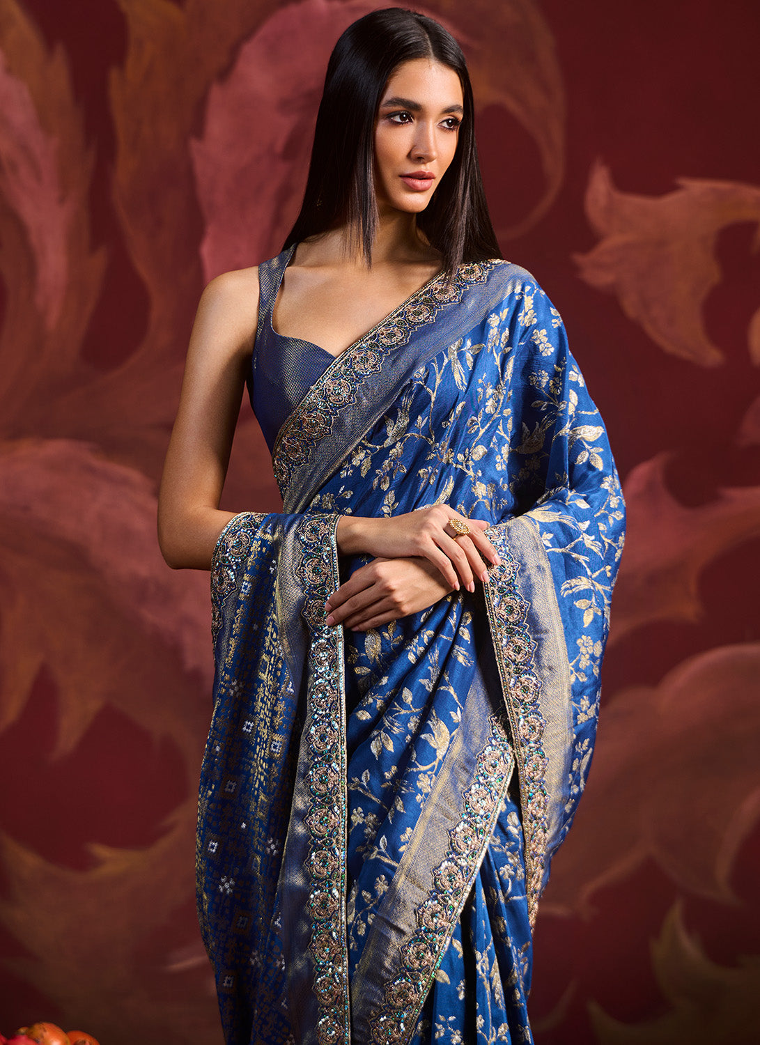 Peacock Blue Embroidered Brocade Saree