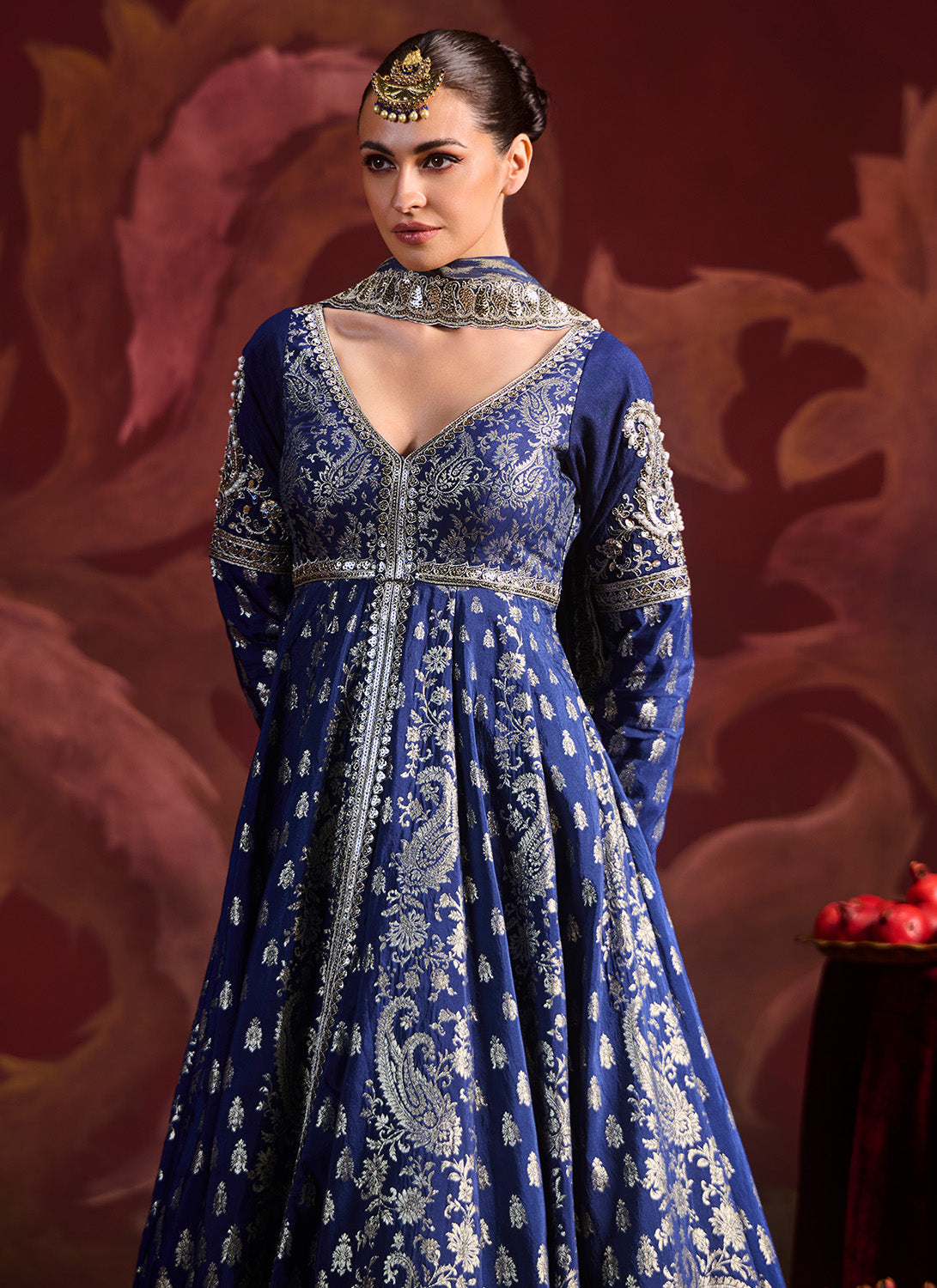 Navy Blue Embroidered Brocade Anarkali