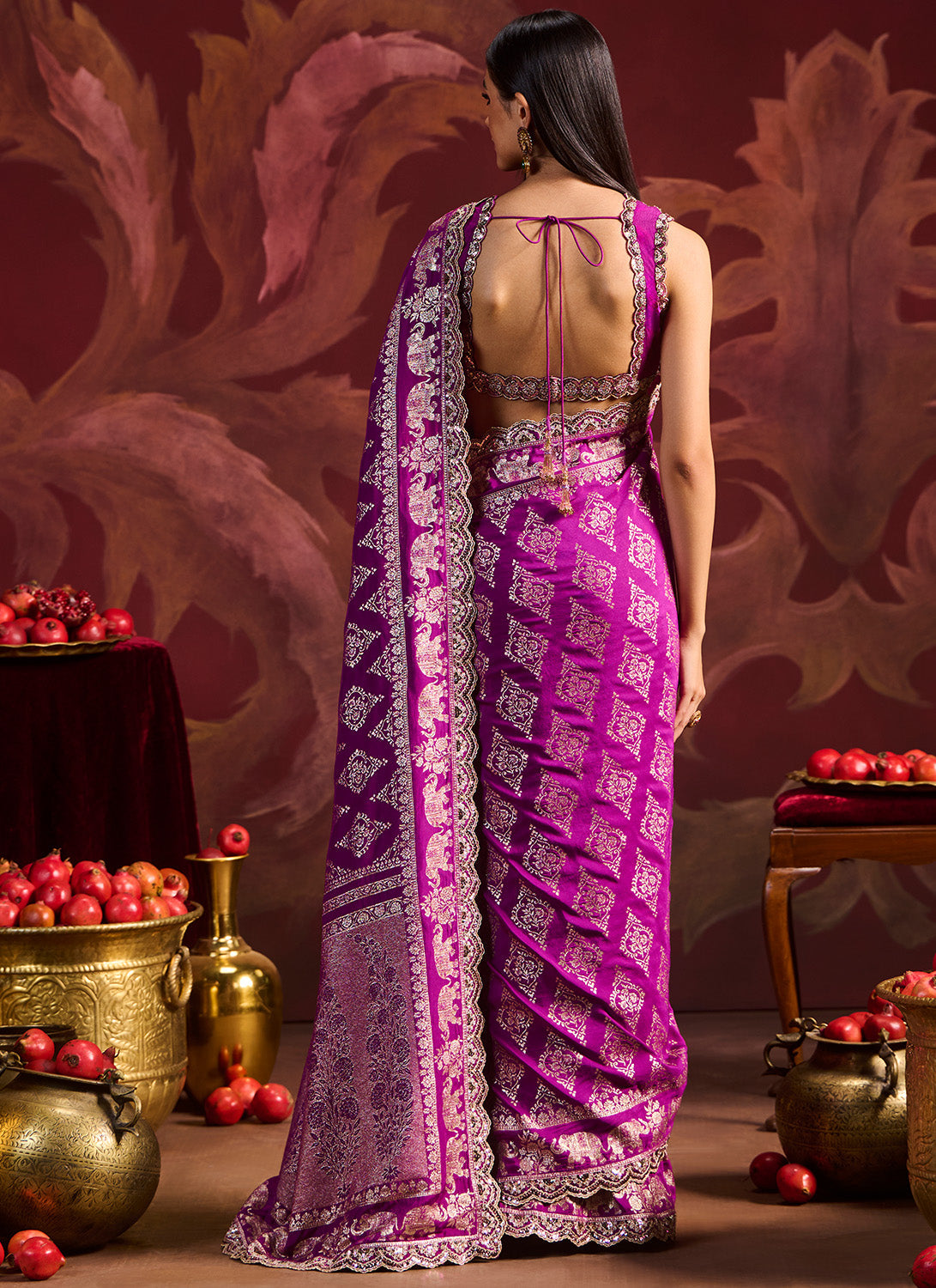 Magenta Embroidered Brocade Saree