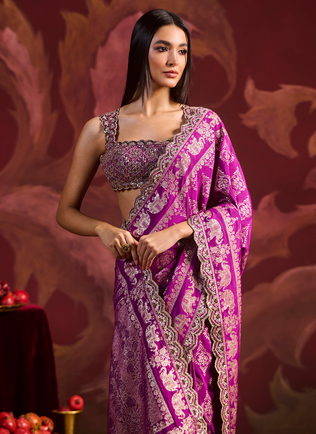Magenta Embroidered Brocade Saree