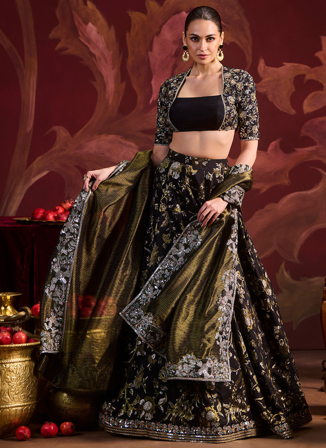 Black Embroidered Brocade Lehenga