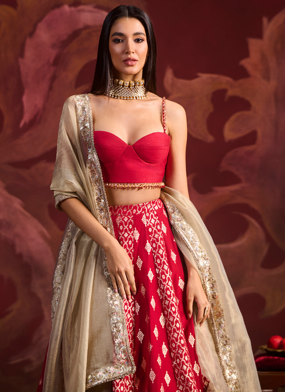 Red Embroidered Brocade Lehenga