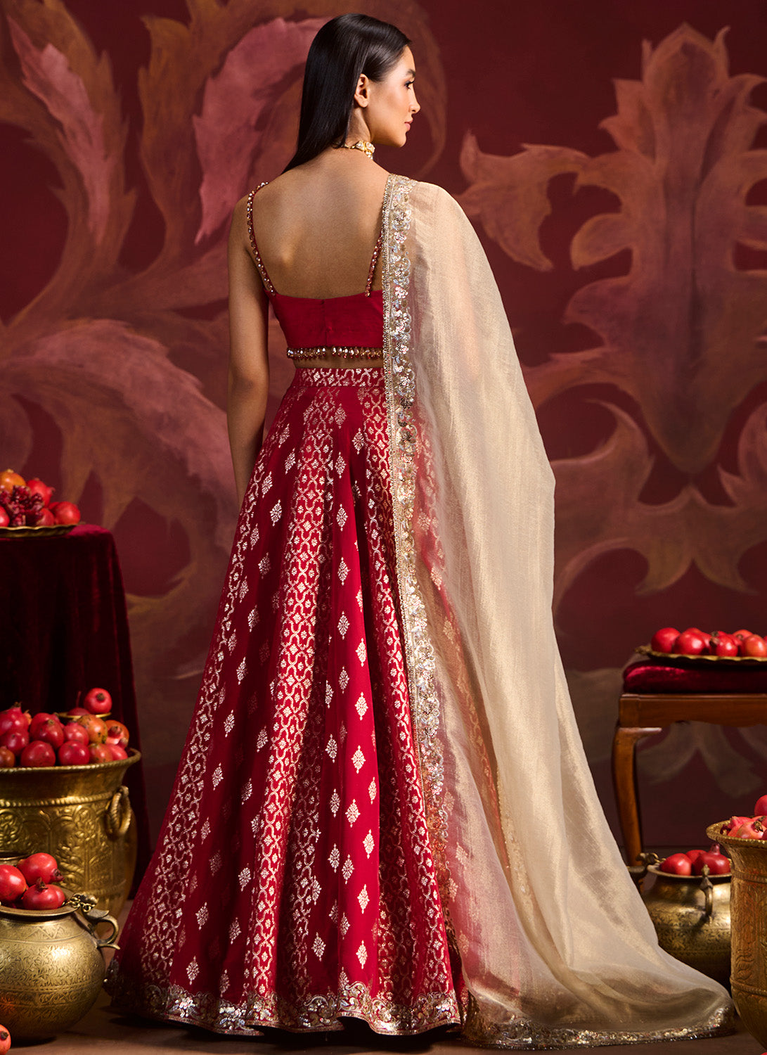 Red Embroidered Brocade Lehenga