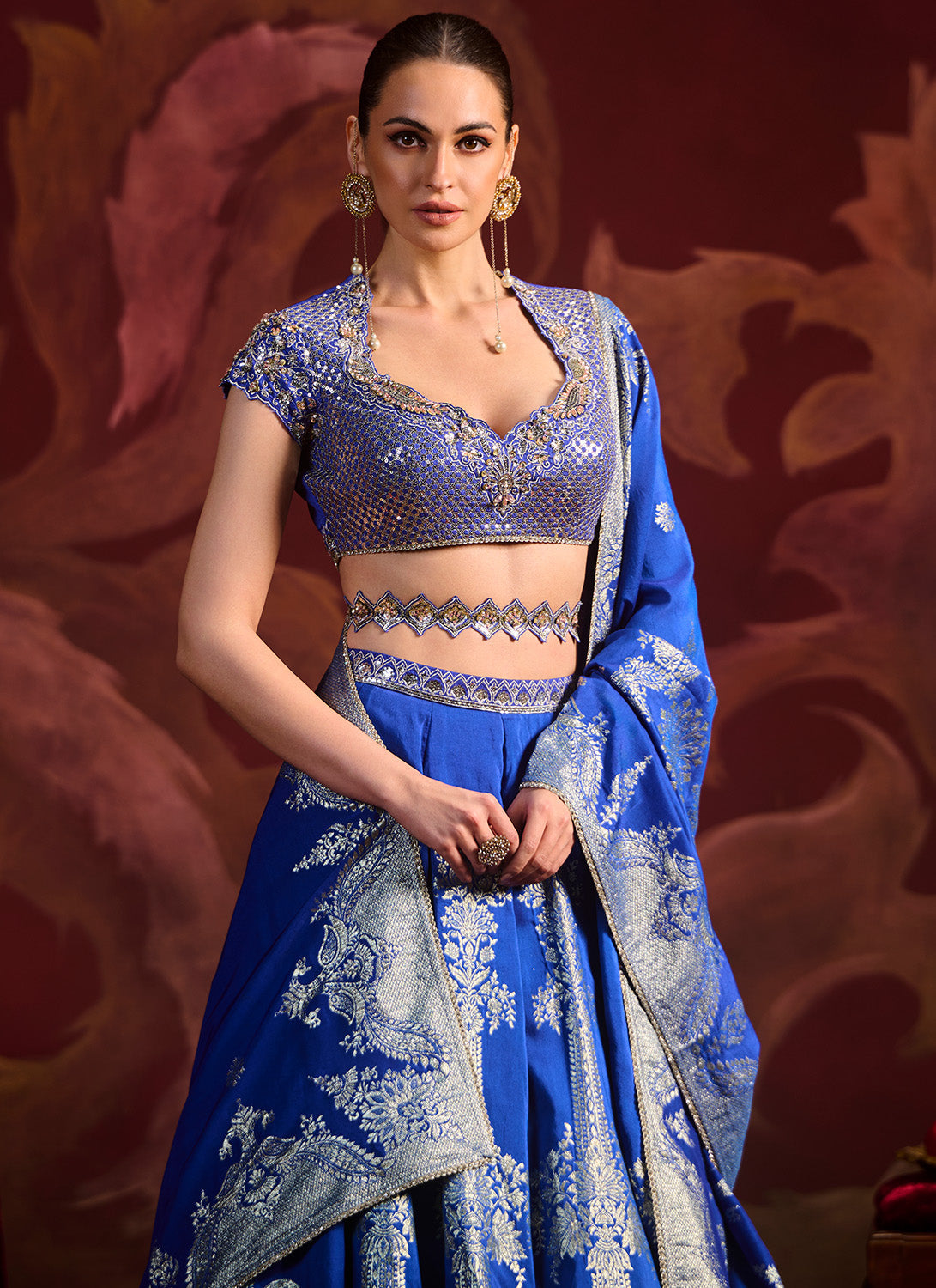 Royal Blue Embroidered Brocade Lehenga