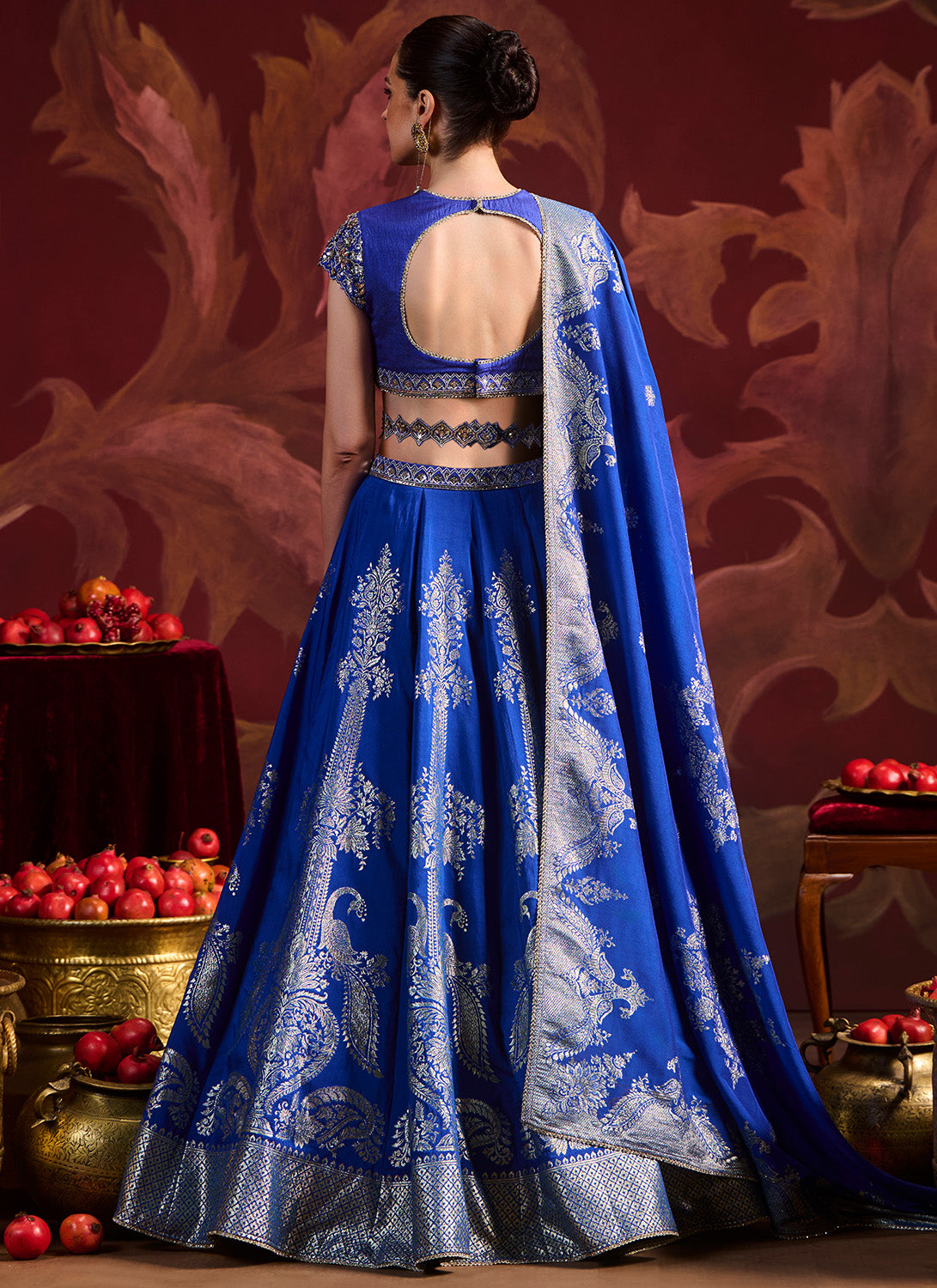 Royal Blue Embroidered Brocade Lehenga