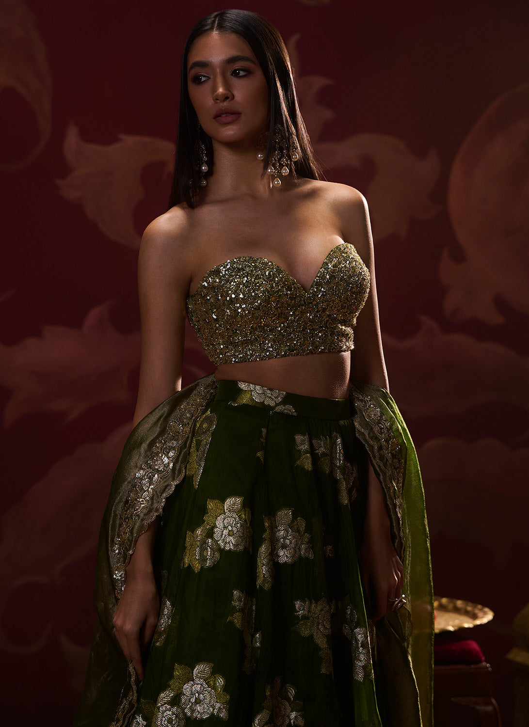 Olive Green Embroidered Brocade Lehenga