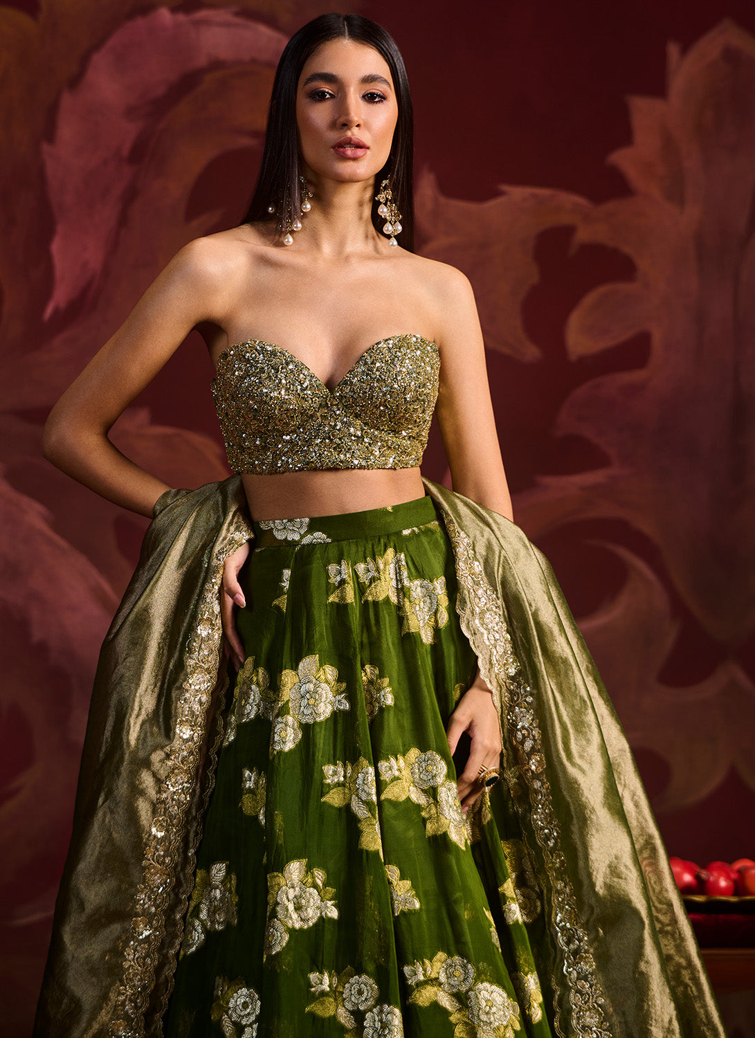 Olive Green Embroidered Brocade Lehenga