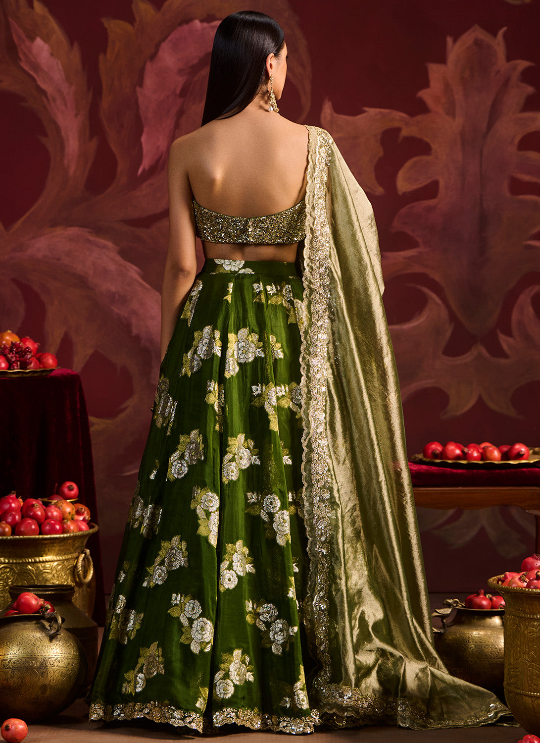 Olive Green Embroidered Brocade Lehenga