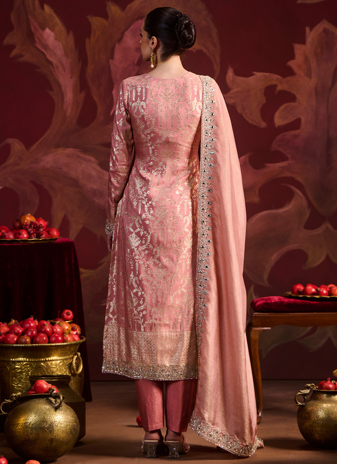 Dusty Peach Embroidered Brocade Pant Suit