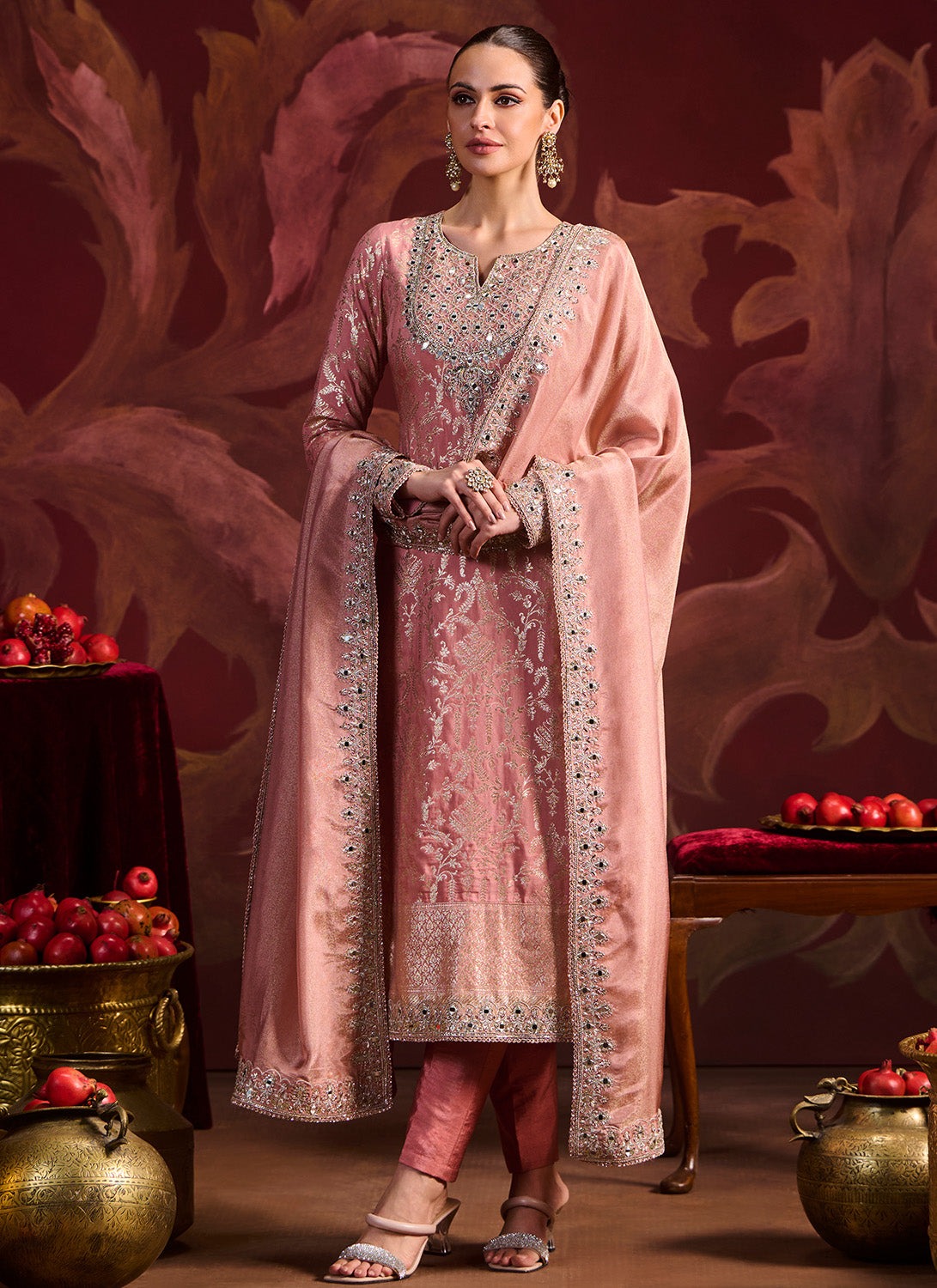 Dusty Peach Embroidered Brocade Pant Suit