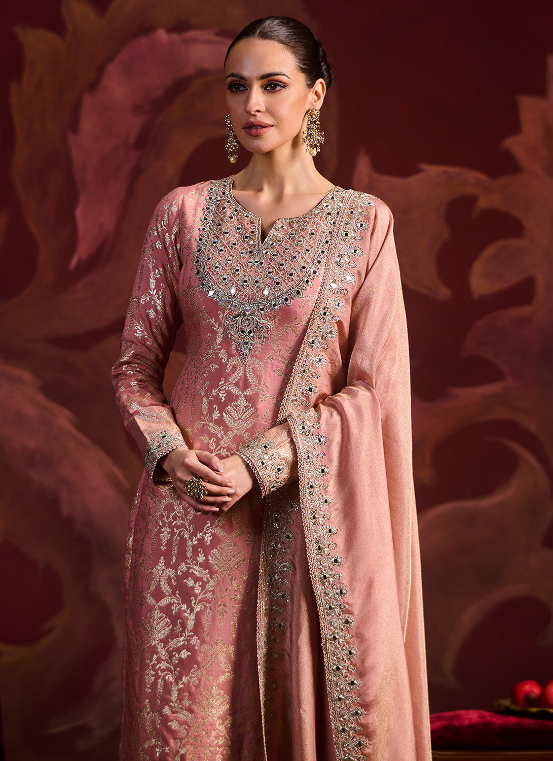 Dusty Peach Embroidered Brocade Pant Suit