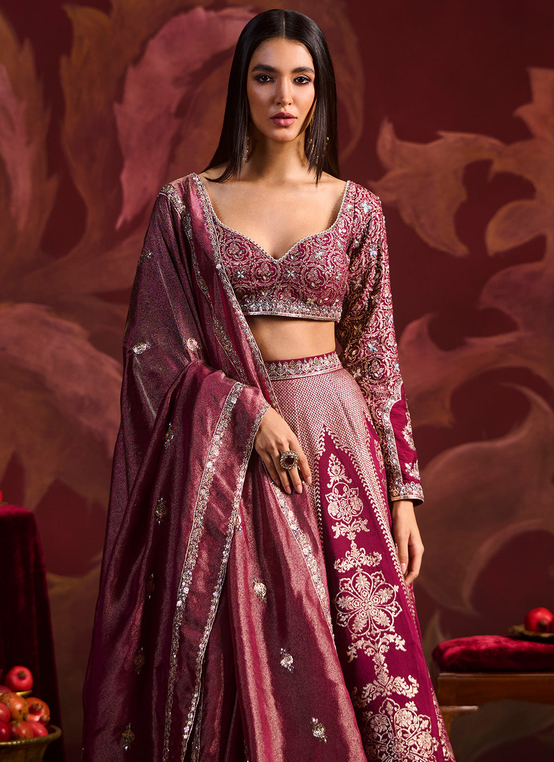 Wine Embroidered Brocade Lehenga