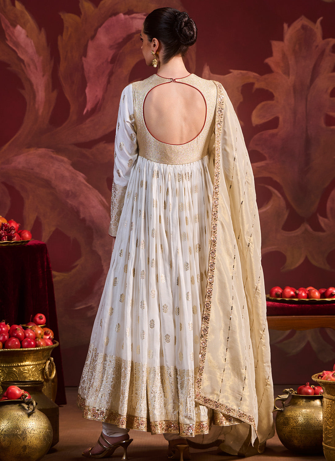 Off White Embroidered Brocade Anarkali