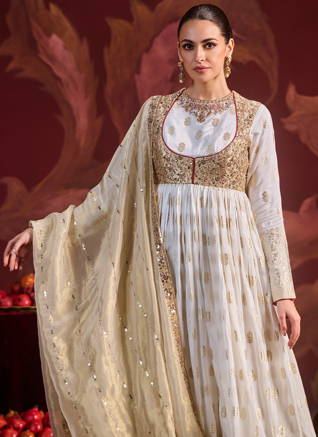 Off White Embroidered Brocade Anarkali