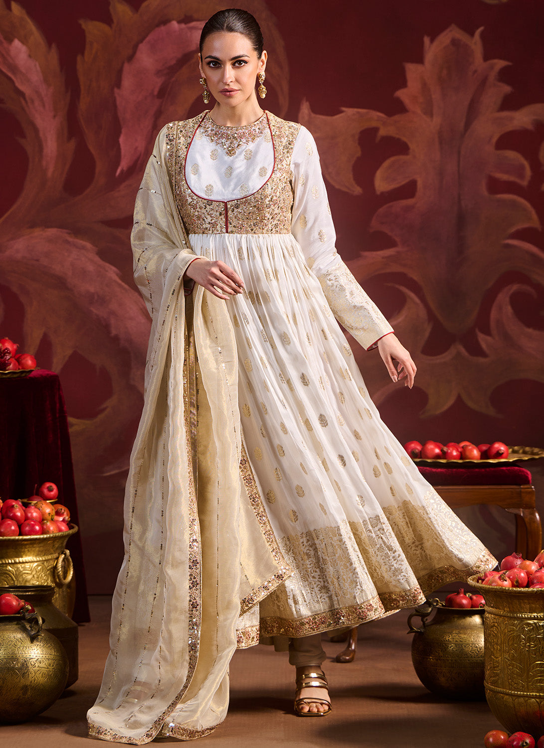 Off White Embroidered Brocade Anarkali
