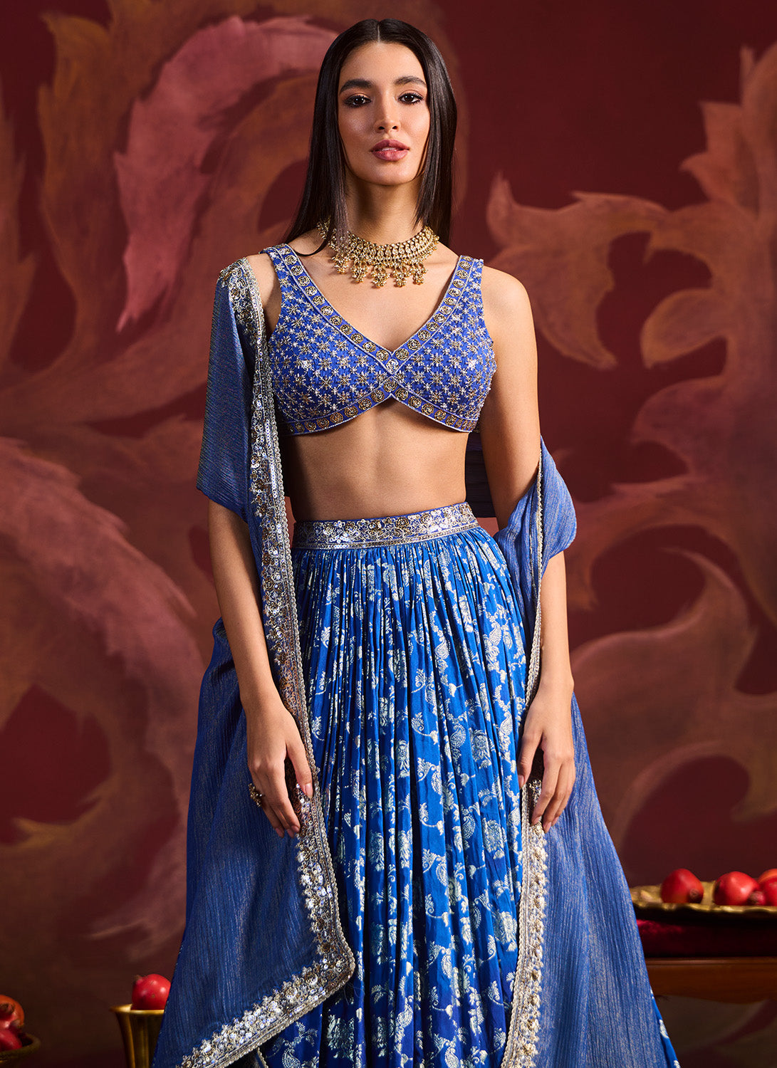 Blue Embroidered Brocade Lehenga