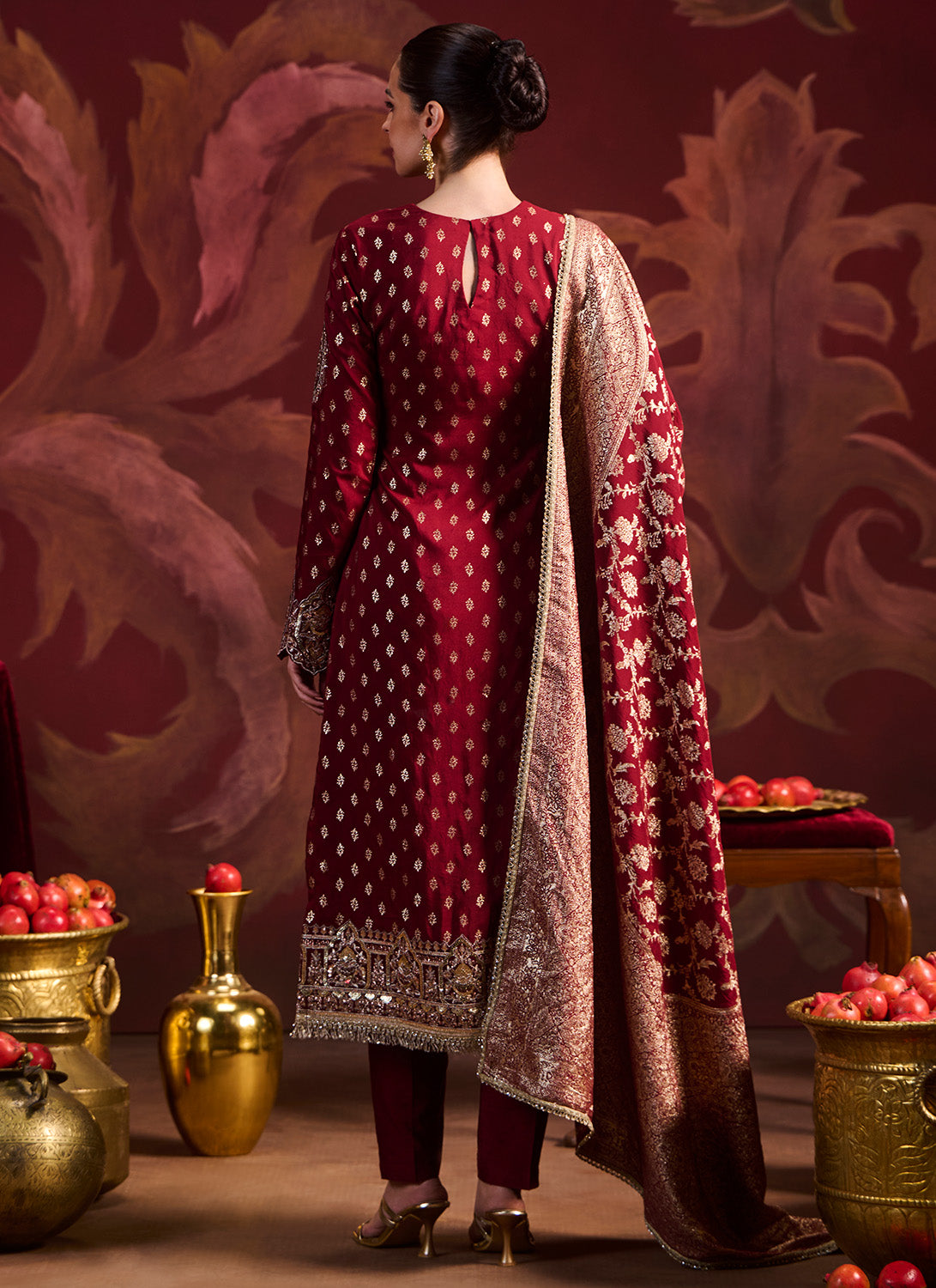 Maroon Embroidered Brocade Pant Suit